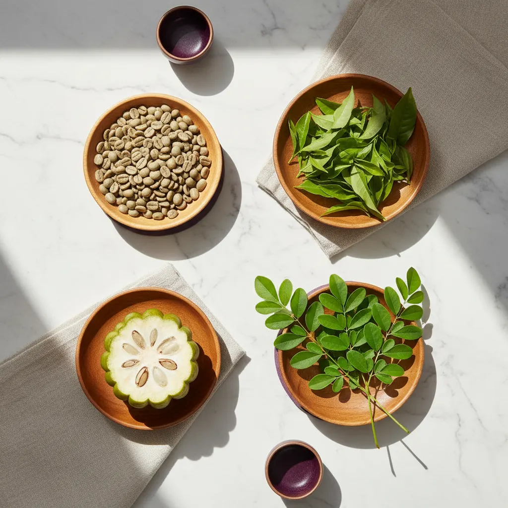 Flat-lay of green coffee beans, green tea leaves, garcinia cambogia cross-section, and moringa leaf sprigs on white marble