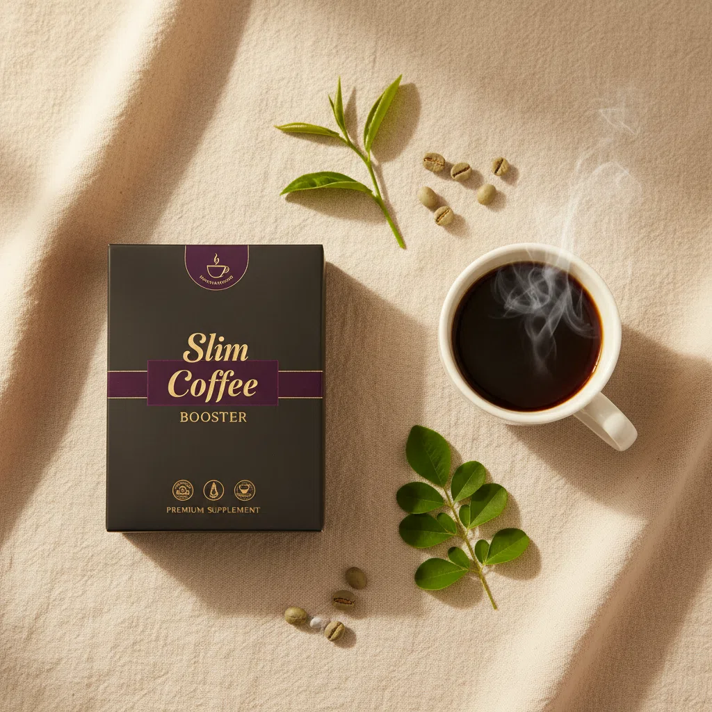 Slim Coffee Booster box on a cream linen surface beside a ceramic coffee cup and scattered green coffee beans